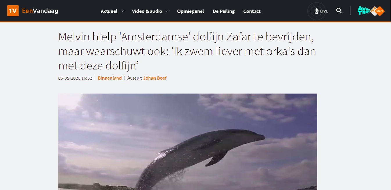 Artikel van EenVandaag over dolfijn Zafar met Melvin Redeke