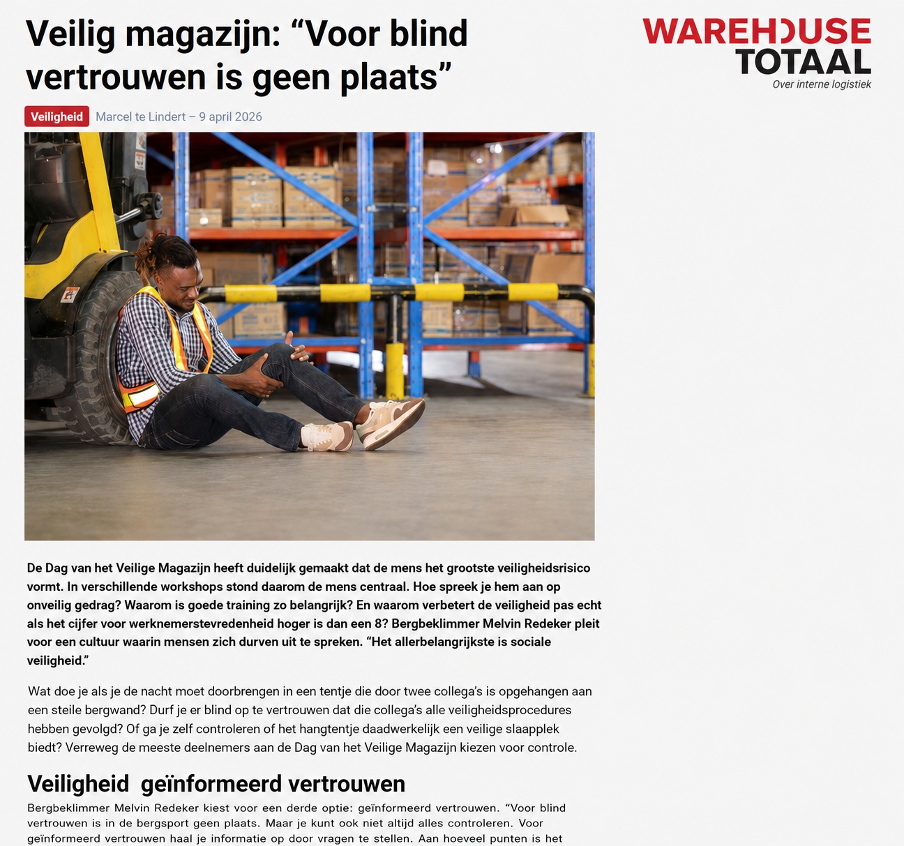 Artikel Warehouse Totaal over veiligheid en samenwerking in magazijnen met Melvin Redeker