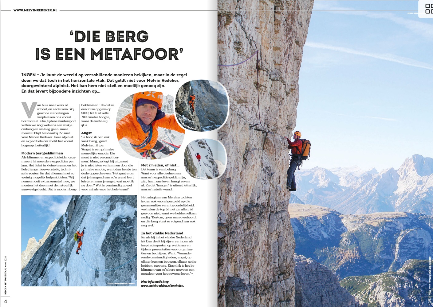 Artikel in Midden Betuwe Totaal over bergbeklimmer Melvin Redeker en de metafoor van bergbeklimmen