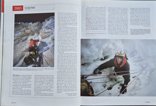 Pagina uit Alpinist Magazine over The Dutch Route op Thalay Sagar, geopend door Melvin Redeker, Mike van Berkel en Cas Gevel tijdens de expeditie van 2003.
