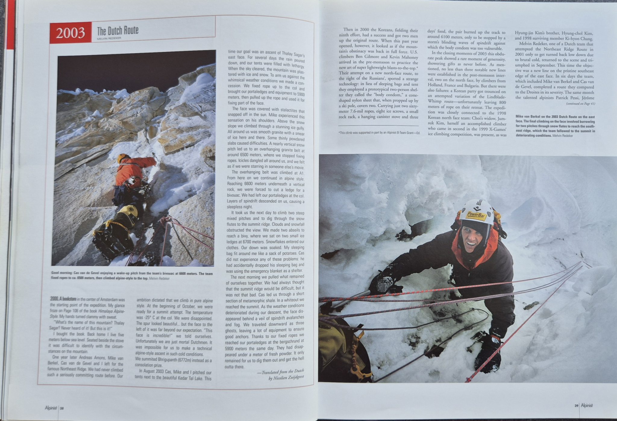 Pagina uit Alpinist Magazine over The Dutch Route op Thalay Sagar, geopend door Melvin Redeker, Mike van Berkel en Cas Gevel tijdens de expeditie van 2003.