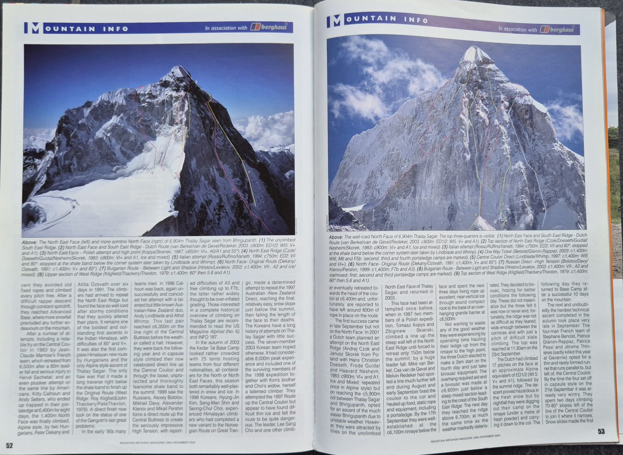 Routeoverzicht van Thalay Sagar met de Nederlandse route uit 2003 op de oostwand, gepubliceerd in High Mountain Magazine.