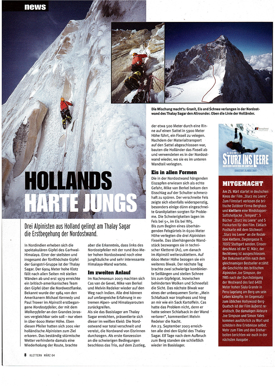 Artikel in het Duitse klimtijdschrift Klettern over de eerste beklimming van de noordoostwand van Thalay Sagar
